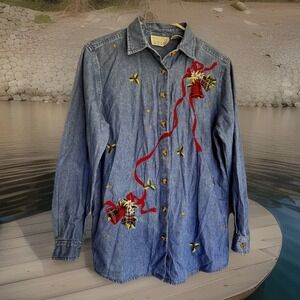 VTG Y2K Casey&Max S urgly Denim Shirt Button Up Christmas bell Ribbon Embroiderd